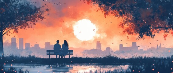 Fototapeta premium Couple sitting on a bench at sunset with a city skyline in the background.