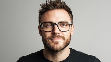 Obraz premium Confident Young Adult Male with Beard and Glasses on Neutral Background