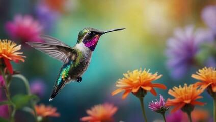 Fototapeta premium Hummingbird with green, blue, purple feathers hovering above vibrant flowers