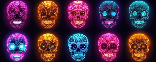 Fototapeta premium Colorful skull designs featuring intricate patterns, showcasing vibrant hues and artistic flair for celebrations and festivals.