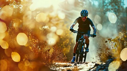 Dynamic Mountain Biking in Sunlit Forest Pathway