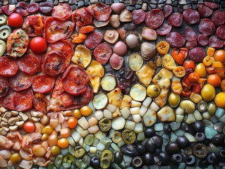 digital collage of colorful pizza slices arranged in a mosaic-like pattern, each topped with unique ingredients, creating an appetizing and artistic representation of food
