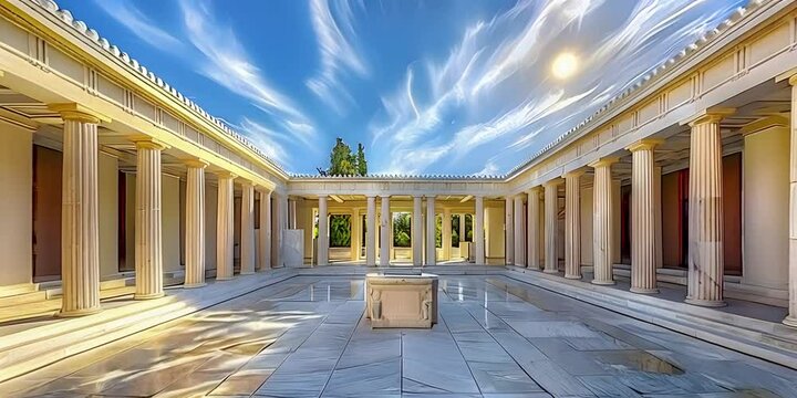 Ancient Greek architecture featuring pillars and classical interior.