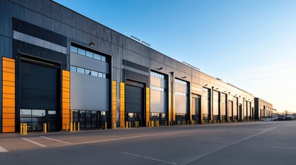 Obraz premium Modern industrial warehouse with multiple loading docks and large roller doors in an urban setting under clear sky during daytime.