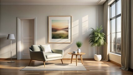 The minimalist room showcases framed artwork, reflecting a modern design aesthetic that combines simplicity with sophistication for a tranquil living space.
