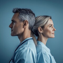 Portrait of Two Veterinarians in Blue Scrubs Facing Opposite Directions – Symbolizing Professionalism and Dedication.