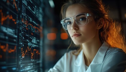 Engineering researcher analyzing complex data trends in a modern laboratory environment