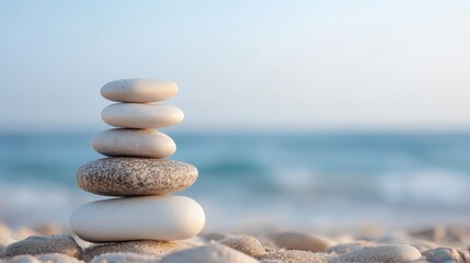Stack of smooth stones on the beach with ocean in the background.