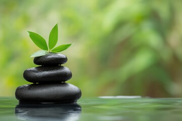 Stacked black stones with green leaves, peaceful zen garden, calming nature vibes.