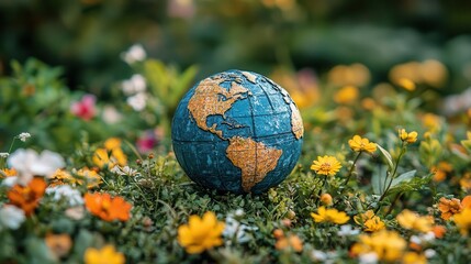 celebrating earth day a vibrant globe sits among flourishing greenery flowers and natural elements symbolizing ecofriendliness and environmental consciousness