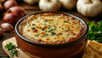Deliciously rich French onion soup topped with melted cheese served with fresh ingredients