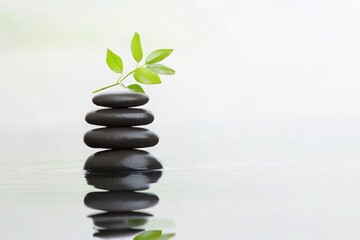 Obraz premium Zen stones stacked with a green leaf, calm and serene ambiance.