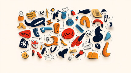 Colorful abstract illustration featuring a variety of quirky, doodle-like shapes, objects, and symbols in orange, red, blue, and black hues on a light background.
