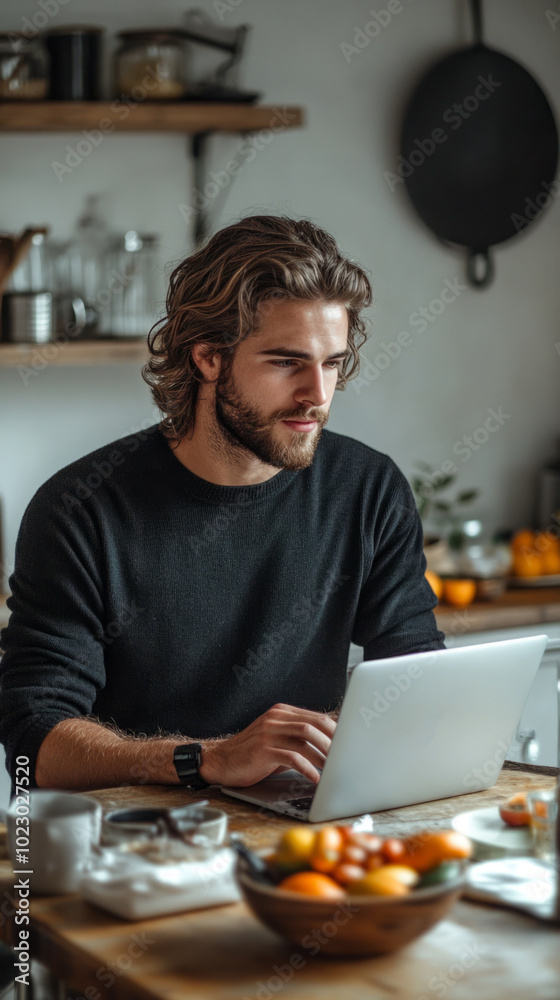 Poster a man with a beard is sitting at a table with a laptop and a bowl of fruit
