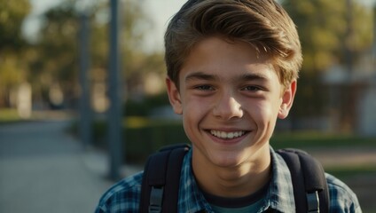 Smiling teen boy with short brown hair, plaid shirt, and backpack, casual portrait