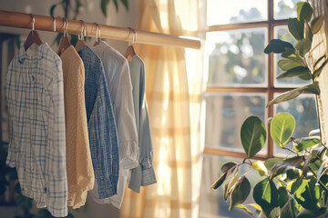 Clean laundry hanging on drying rack indoors