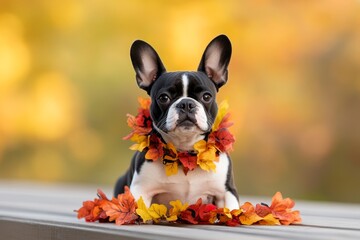 A cute French Bulldog adorned with autumn leaves rests on a wooden surface in a vibrant fall setting