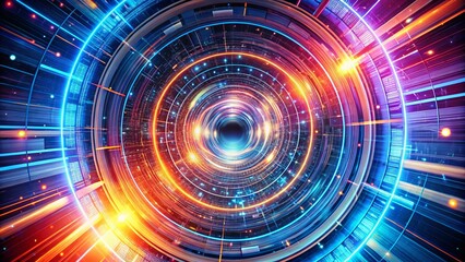 Obraz premium This modern geometric abstract illustration symbolizes a digital vortex, embodying a cyberspace portal gate through vibrant colors and shapes, suggesting limitless exploration 