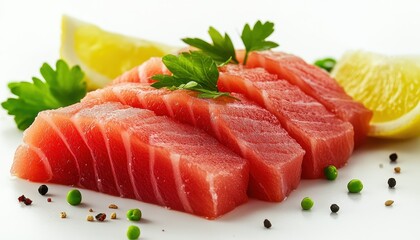 Fresh tuna sashimi slices garnished with herbs and lemon served on a white dish