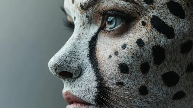 Close-Up of Woman with Leopard Face Paint in Subtle Movement