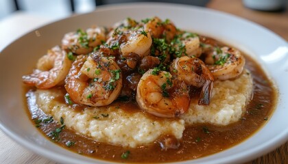 Enjoying shrimp and grits, a classic Southern dish served in a cozy restaurant setting