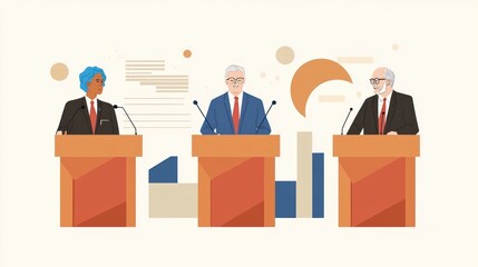 Three figures at podiums during a debate, each dressed in formal attire.