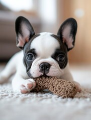 Playful French Bulldog enjoys chewing on a soft toy in a cozy indoor setting during the afternoon