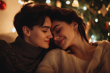 Generative AI image of mother father child couple family together by decorated Christmas tree holiday celebration themes