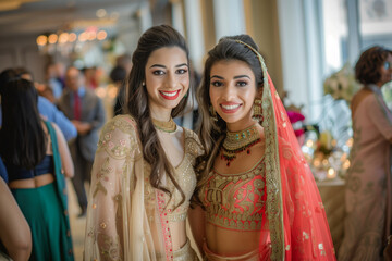 Candid photo of two beautiful Indian women, wearing fashionable and smiling at the camera, posing for photos with guests inside an event space filled with design elements.