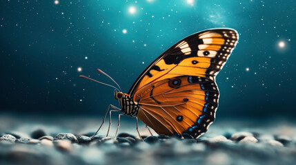 Close-up of an orange and black butterfly on pebbles against a starry night sky background, creating a surreal and magical atmosphere.