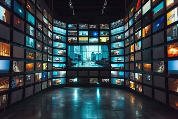 A man is looking at a wall of monitors displaying many different images,generative ai image