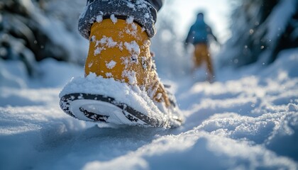 Enjoying winter trails while snowshoeing through fresh powder in a serene snowy landscape