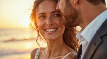 A loving couple shares an intimate moment on their wedding day as the sun sets over the beach, symbolizing romance, happiness, and new beginnings.