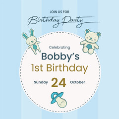 Number 1 birthday celebration greeting card or banner set with realistic cartoon rocket and helium balloons on blue background. Happy birthday invitation template for baby boy