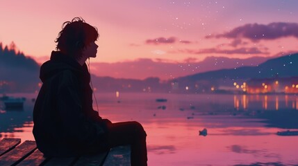 Young Person Sitting on Dock by Calm Lake at Sunset