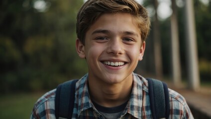 Smiling young male with short brown hair and casual attire, outdoors with blurred background