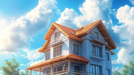 A modern two-story house with a red tile roof, large windows, and a balcony against a blue sky with fluffy clouds.