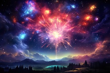 Fototapeta premium Fireworks space landscape astronomy.