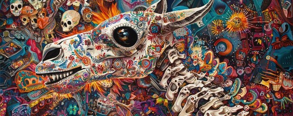 Fototapeta premium Vibrant illustration of a decorated animal skull surrounded by colorful patterns and symbols, blending art and cultural elements.