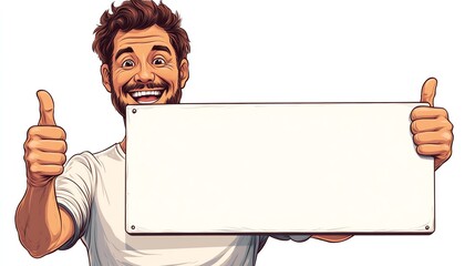 man holding blank sign, cartoon character exaggerated expression, thumbs up to a spectacular deal, making announcement of good news or achievement in business