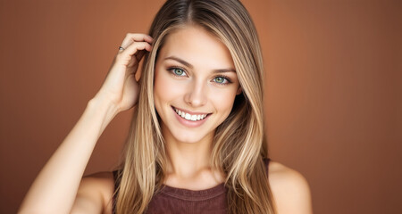 Portrait of a smiling woman with long blonde hair, showcasing beauty and confidence. The soft brown background emphasizes her natural charm and elegance, creating a warm and inviting atmosphere.