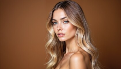 Close-up portrait of a young woman with long, soft blonde hair and calm expression, set against a warm brown background.