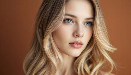 Fototapeta premium Close-up portrait of a young woman with long, soft blonde hair and calm expression, set against a warm brown background.