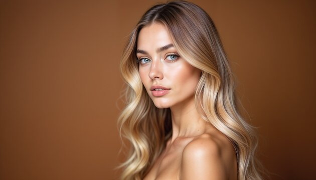 Close-up portrait of a young woman with long, soft blonde hair and calm expression, set against a warm brown background.