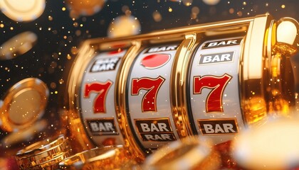 A vibrant jackpot from a classic slot machine surrounded by shining coins and excitement