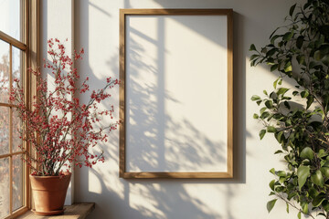 White poster mockup in a wooden frame on a wall background with a shadow from a window, in a top view.