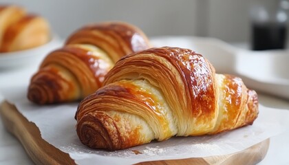 Buttery and flaky French croissants on a wooden board in a cozy café setting in the morning light