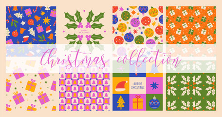 Christmas collection of vector seamless pattern designs and holiday card, banner, poster. Hand drawn vector illustration for wrapping, fabric, surface design