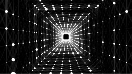 Cyber square tunnel consisting of moving glowing points. Futuristic infinite space background. Concept of data transfer in cyberspace. Hi-tech illustration. Vector illustration.