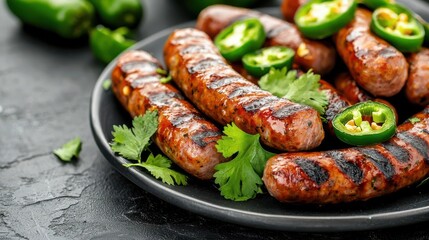 A plate of spicy sausages with jalapenos and cilantro, showcasing bold flavors and vibrant presentation, spicy food, gourmet